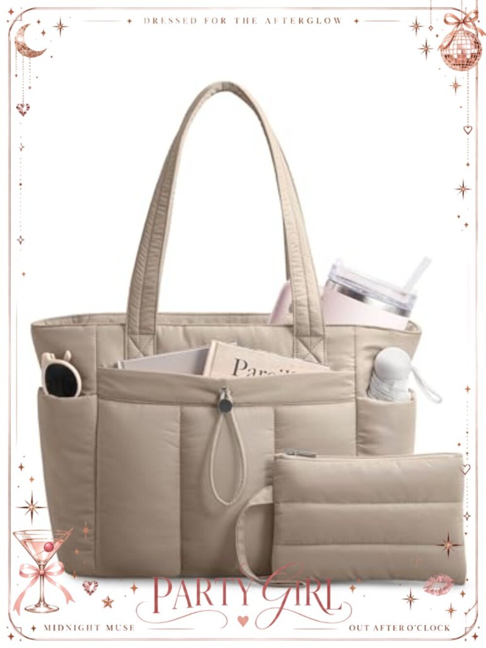 Puffy Tote Bag with Cup Holder Laptop Compartment Cosmetic Bag Trolley Sleeve